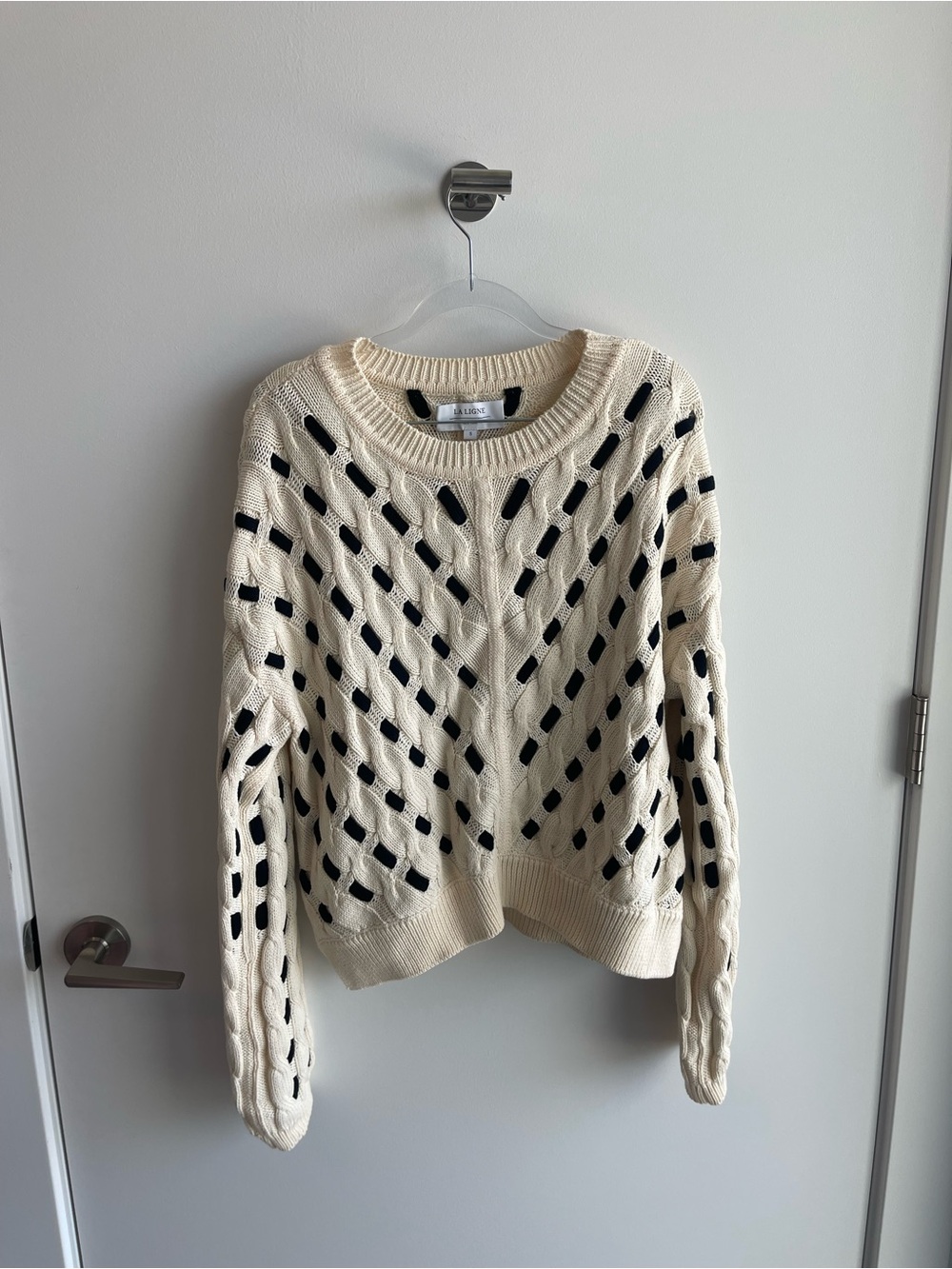 La Ligne Cable Knit Crewneck Sweater - Ivory with Black Accents